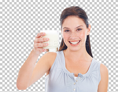 Buy stock photo Glass, milk and woman portrait for healthcare benefits, detox and protein, nutrition or healthy drink. Calcium, dairy offer and cheers and face of young person isolated on transparent, png background