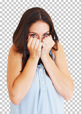 Buy stock photo Portrait, hands and woman hide, shy and girl isolated against a transparent background. Cover face, happy female person and model peeking, expression and curious with png, sneak and surprise with wow