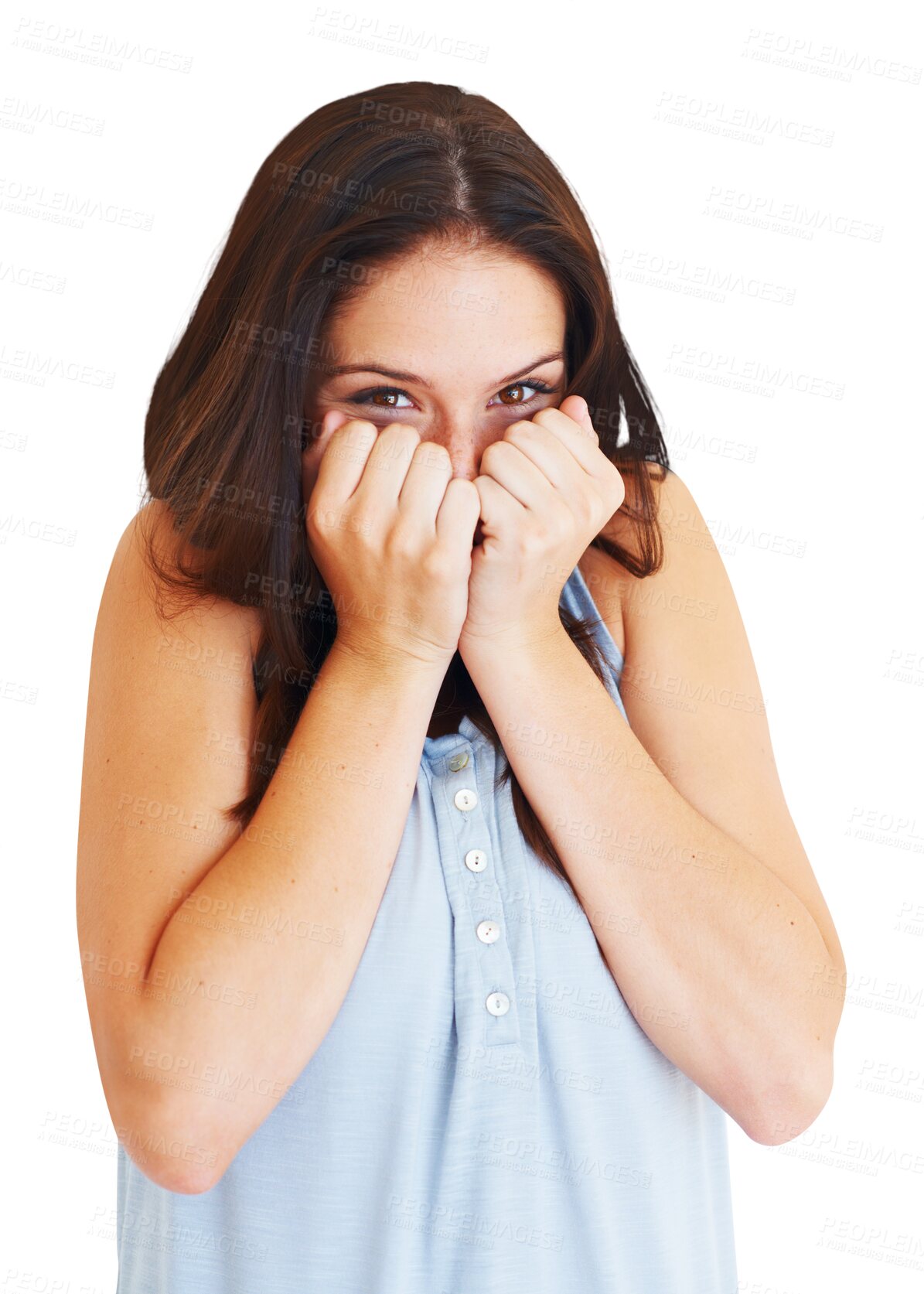 Buy stock photo Portrait, hands and woman hide, shy and girl isolated against a transparent background. Cover face, happy female person and model peeking, expression and curious with png, sneak and surprise with wow