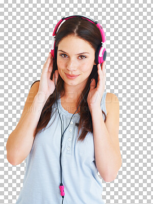 Buy stock photo Portrait, music and woman with headphones, streaming sounds and girl isolated on a transparent background. Face, female person and model with a headset, audio and podcast with png and listen to radio