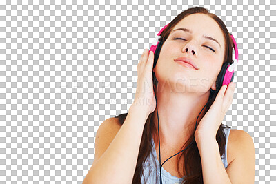 Buy stock photo Headphones, freedom and woman listening to a song, album or radio with peace and confidence. Technology, calm and young female model streaming music or playlist isolated by transparent png background