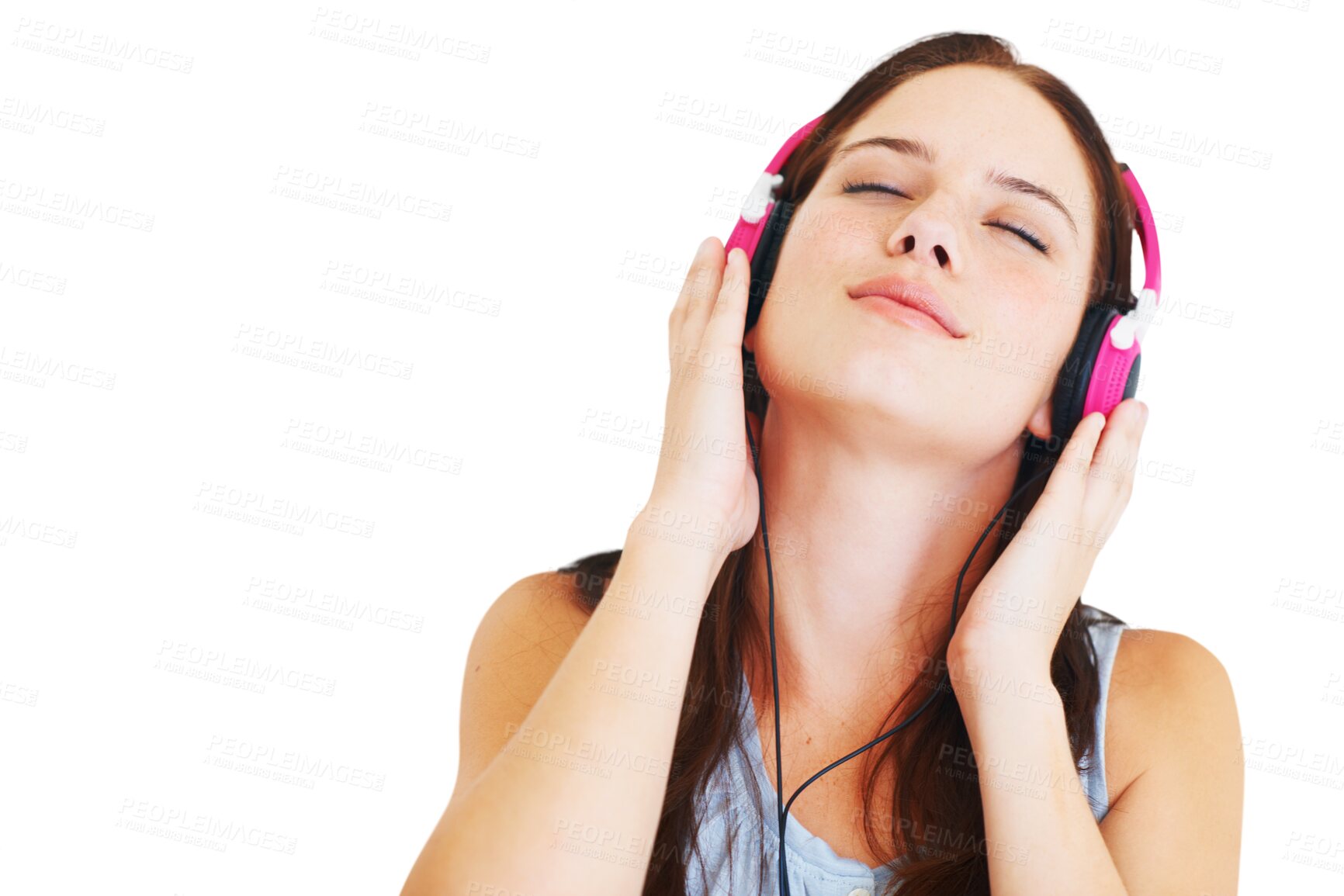 Buy stock photo Headphones, freedom and woman listening to a song, album or radio with peace and confidence. Technology, calm and young female model streaming music or playlist isolated by transparent png background