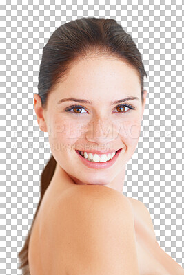 Buy stock photo Skincare, portrait and a woman and happy isolated against a transparent png background. Health wellness or beauty cosmetics, skin treatment or selfcare and female person smile for cosmetology