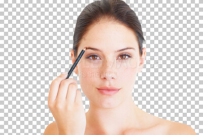 Buy stock photo Face, makeup and woman with pencil for eyebrow isolated on a transparent png background. Portrait, microblading cosmetics and young female model with beauty product, brow liner and facial aesthetic.