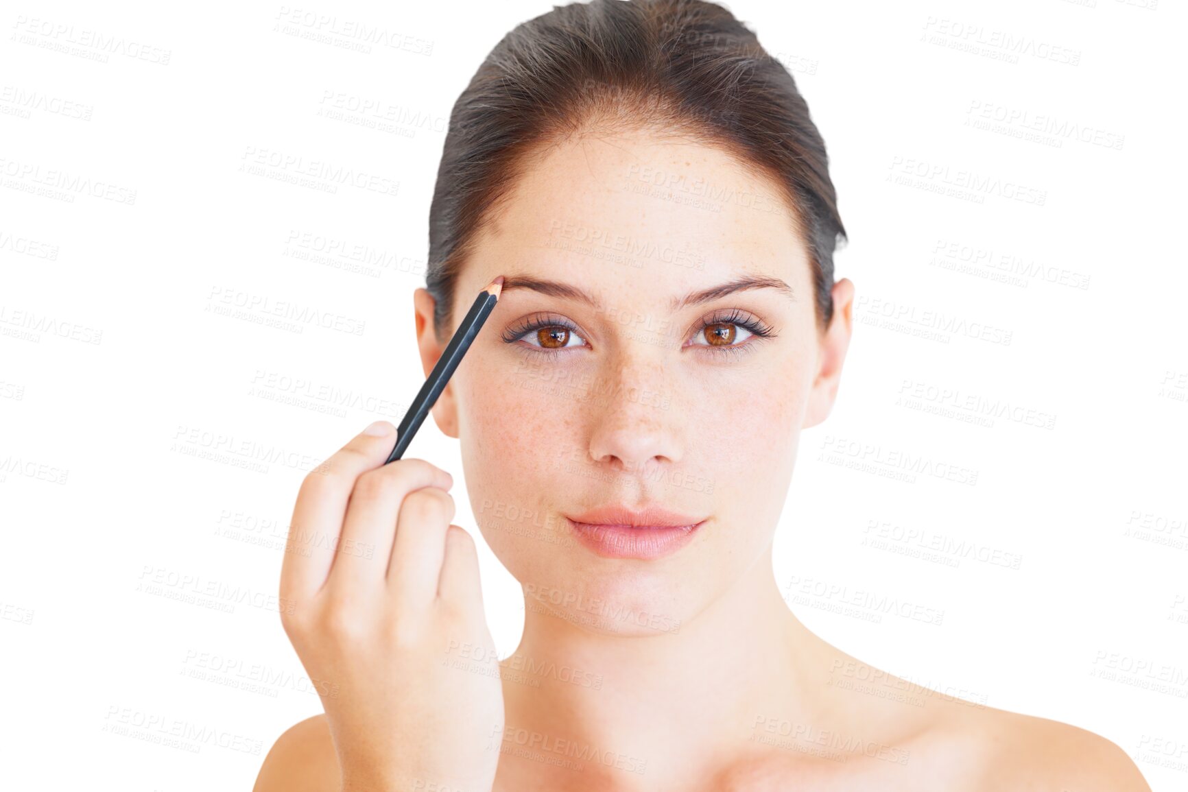 Buy stock photo Face, makeup and woman with pencil for eyebrow isolated on a transparent png background. Portrait, microblading cosmetics and young female model with beauty product, brow liner and facial aesthetic.