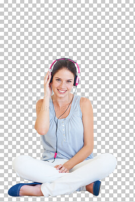 Buy stock photo Headphones, woman and portrait with music on floor in png or isolated and transparent background. Listening, headset and happy female, enjoys the radio or streaming a song for chilling or happiness.