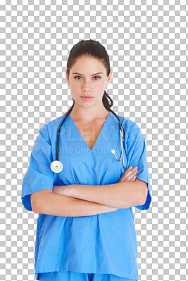 Buy stock photo Portrait, woman and doctor with arms crossed isolated on transparent png background for healthcare service. Confident medical worker, person or nurse for adn internship, nursing or serious surgeon