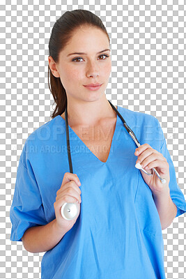 Buy stock photo Portrait, stethoscope and healthcare nurse woman for nursing career, health care service or cardiology. Medicine doctor, caregiver or hospital surgeon person isolated on a transparent, png background