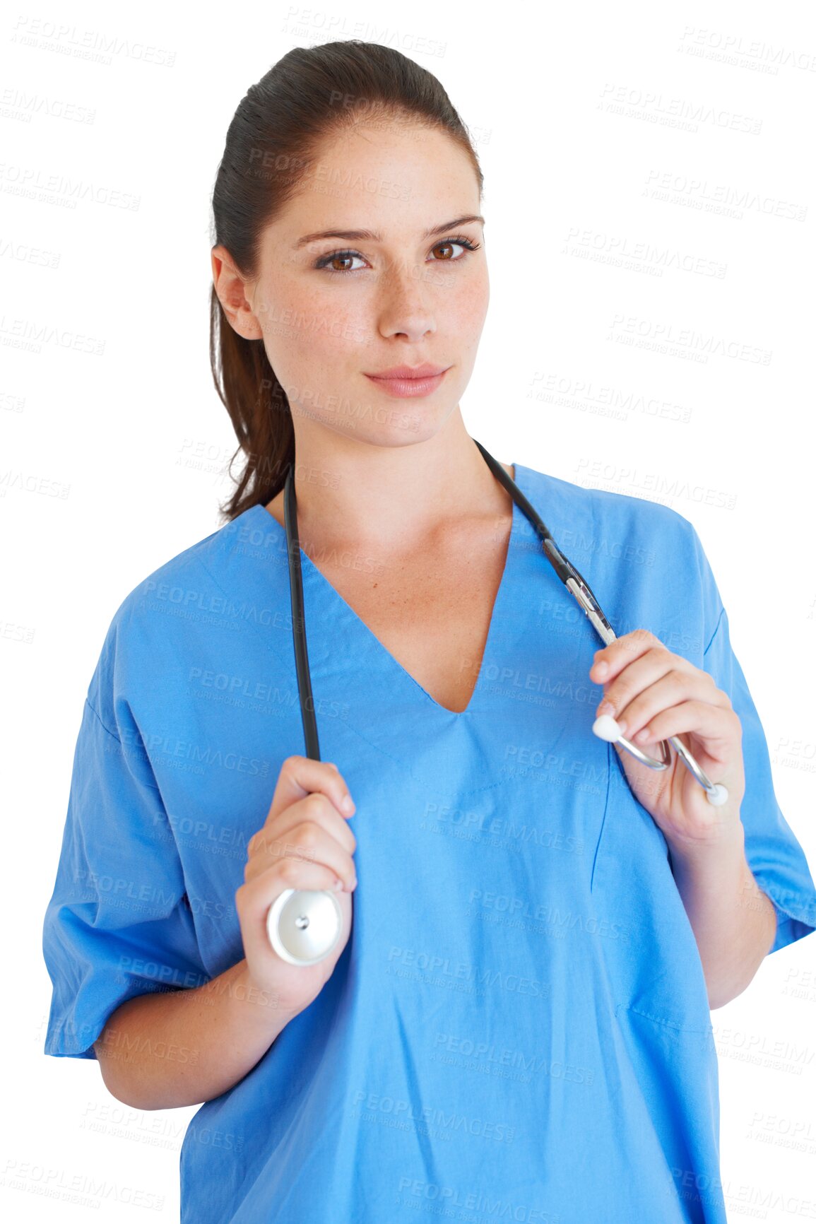 Buy stock photo Portrait, stethoscope and healthcare nurse woman for nursing career, health care service or cardiology. Medicine doctor, caregiver or hospital surgeon person isolated on a transparent, png background