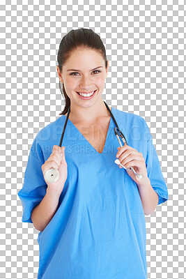 Buy stock photo Woman, stethoscope and happy doctor portrait for healthcare service, clinic or cardiology support. Face of medical person, nurse or surgeon for internship isolated on transparent, png background 