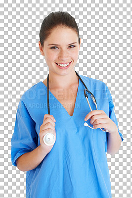 Buy stock photo Woman, nurse and happy portrait with stethoscope for healthcare service, clinic or cardiology support. Face of medical person, doctor or surgeon in internship isolated on transparent, png background 