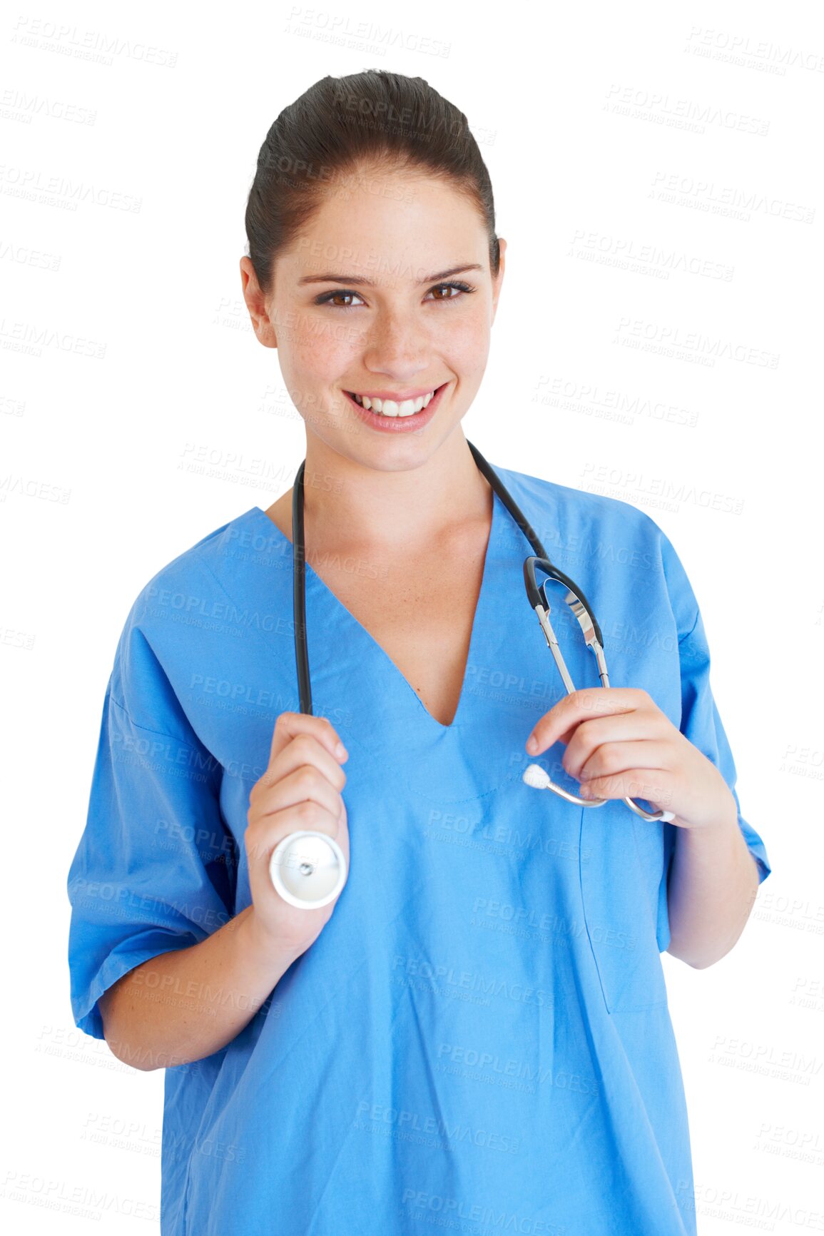 Buy stock photo Woman, nurse and happy portrait with stethoscope for healthcare service, clinic or cardiology support. Face of medical person, doctor or surgeon in internship isolated on transparent, png background 