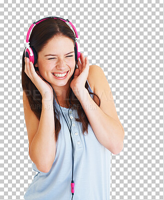 Buy stock photo Music headphones, excited and happy woman listening to fun song, audio podcast or radio sound. Young female model streaming playlist with mp3 headset and smile isolated on transparent, png background