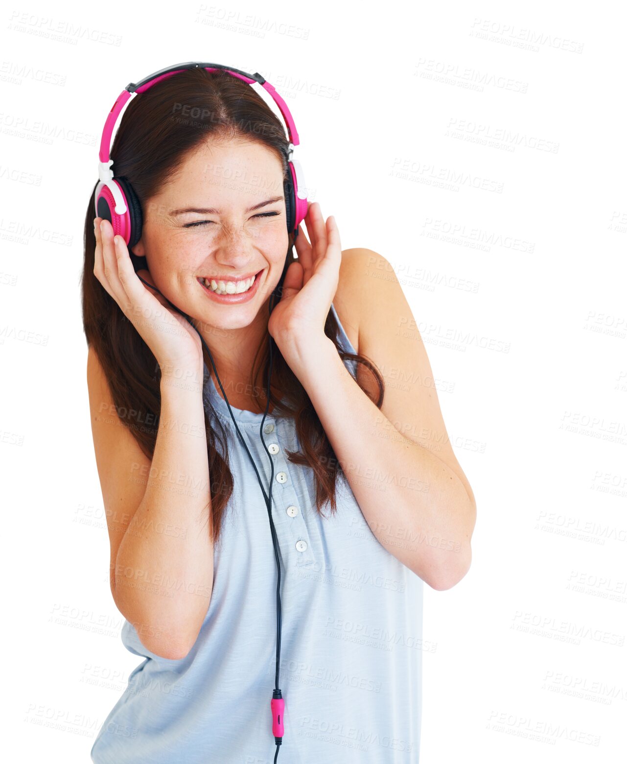 Buy stock photo Music headphones, excited and happy woman listening to fun song, audio podcast or radio sound. Young female model streaming playlist with mp3 headset and smile isolated on transparent, png background