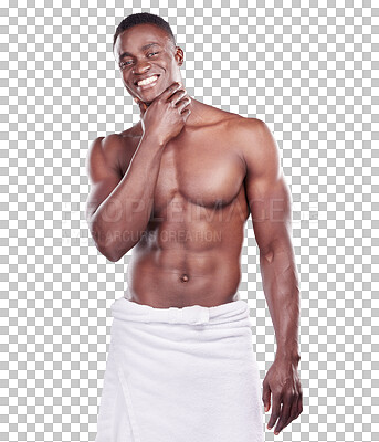 Buy stock photo Portrait, muscle and black man with fitness, skincare and confident guy isolated against a transparent background. Male person, muscular model and bodybuilder with a morning routine, cleaning and png