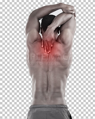 Buy stock photo Injury, back pain and fitness with man and stretching on transparent background for workout, exercise and training. Inflammation, accident and medical with person isolated on png for body problem