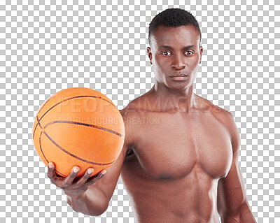 Buy stock photo Basketball player, man and fitness portrait isolated on transparent, png background in exercise and health. Workout, offer and young athlete, model or african person in sports training or competition