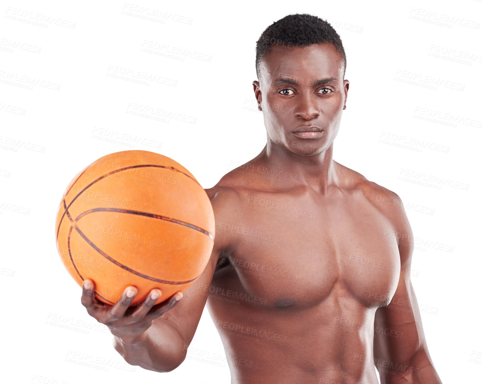 Buy stock photo Basketball player, man and fitness portrait isolated on transparent, png background in exercise and health. Workout, offer and young athlete, model or african person in sports training or competition