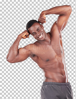 Buy stock photo Fitness, muscle and flex with portrait of black man on transparent background for workout, strong or health. Exercises, training and bodybuilder with person isolated on png for challenge and wellness