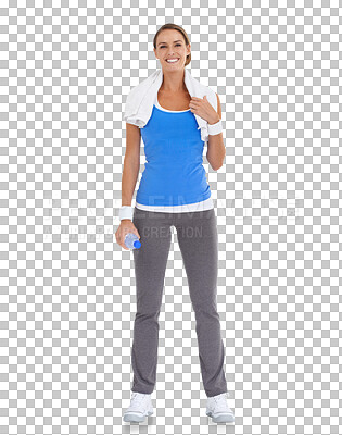 Buy stock photo Happy woman, water bottle and exercise in portrait with hydration and fitness isolated on transparent png background. Health, wellness and female person with towel, workout and training with h2o