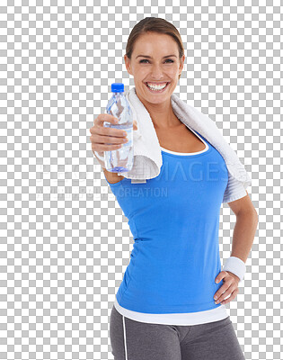 Buy stock photo Fitness, portrait or happy woman giving water bottle for hydration isolated on transparent png background. Exercise, mineral or excited girl athlete with h2o liquid as a gift or present healthy drink