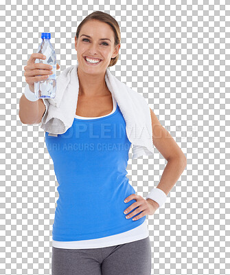 Buy stock photo Woman, show and water bottle for fitness, happy and portrait with hydration and health isolated on transparent png background. Mineral drink, wellness and female person with towel, workout with h2o 