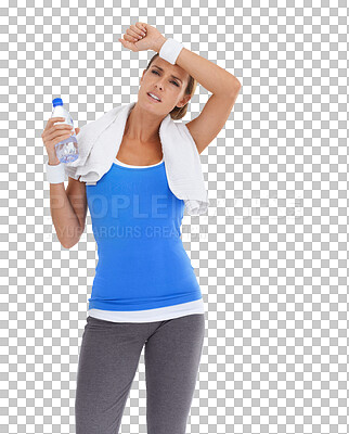 Buy stock photo Fitness, portrait of a tired woman with her water and isolated against a transparent png background for hydration. Workout or exercise, training and female person with bottle for health wellness
