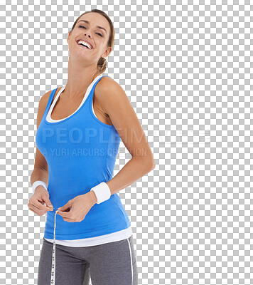 Buy stock photo Happy woman, workout portrait and measure tape for lose weight, health fitness and training results. Athlete, person or model smile for sports or exercise goals isolated on transparent png background