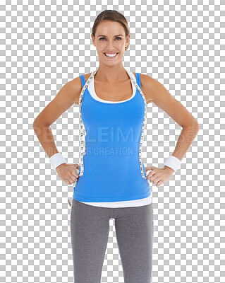 Buy stock photo Portrait, exercise and woman with fitness, tape measure or model isolated on a transparent background. Female person, girl or athlete with progress, workout goal or target with png or checking health