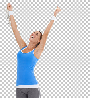 Buy stock photo Weight loss, woman celebrating for achievement and isolated against transparent png background for victory. Winning or success, measurement and female person pose for progress in fitness celebration