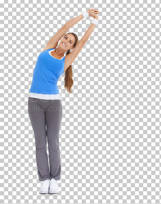 Buy stock photo Fitness, body and portrait of a woman stretching before a exercise for wellness, health or sports. Happy, smile and female athlete doing a warm up workout isolated by a transparent png background.