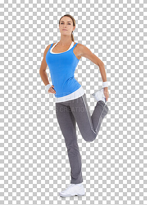 Buy stock photo Portrait, fitness and stretching with a sports woman isolated on a transparent background for health. Exercise, preparation and warm up with a female athlete getting ready for training on PNG