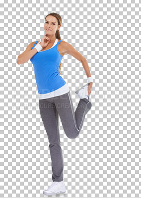 Buy stock photo Pulse, fitness and portrait with woman and stretching on transparent background for workout, exercise and running. Training, warm up and check with female runner isolated on png for body and health