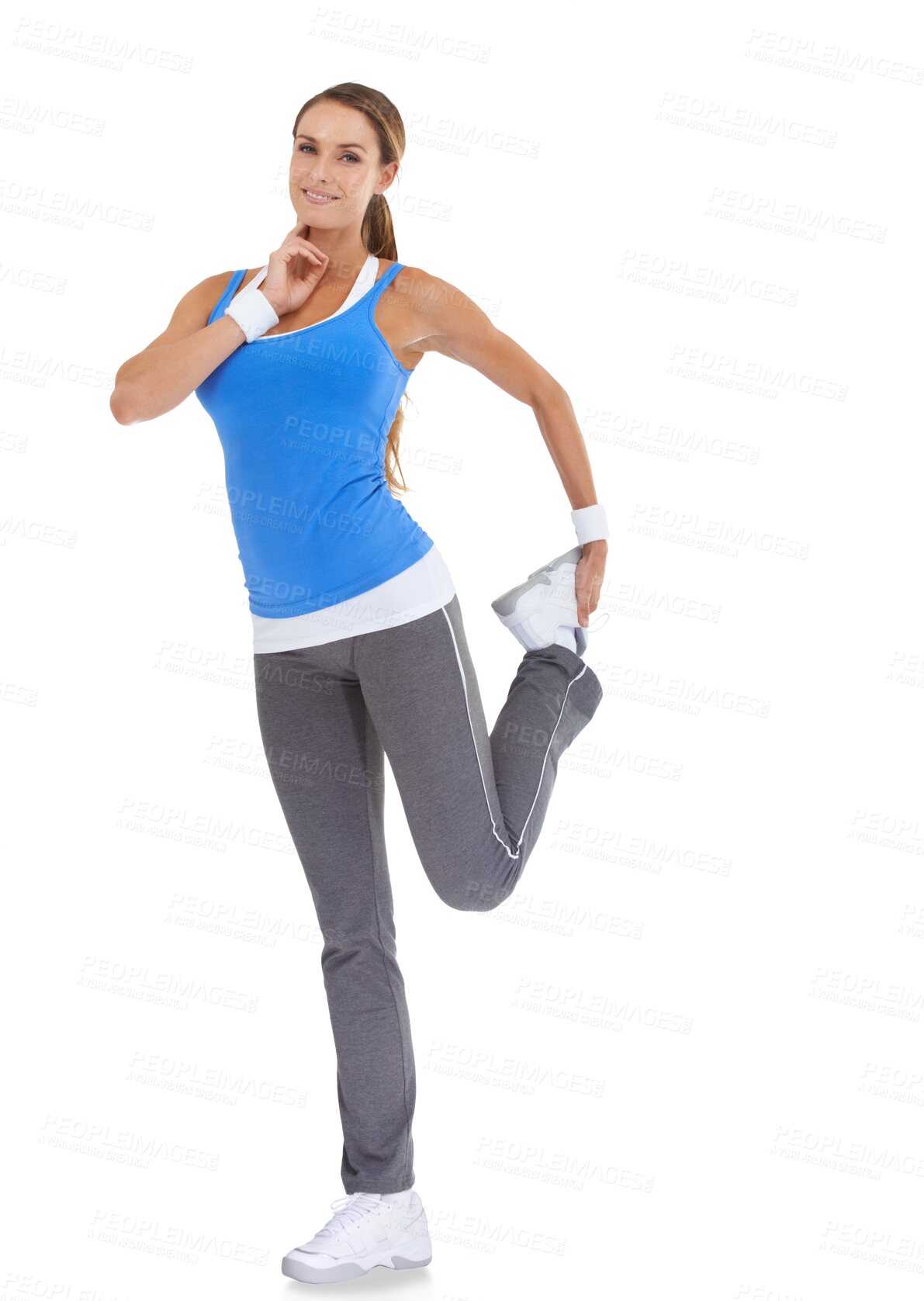 Buy stock photo Pulse, fitness and portrait with woman and stretching on transparent background for workout, exercise and running. Training, warm up and check with female runner isolated on png for body and health