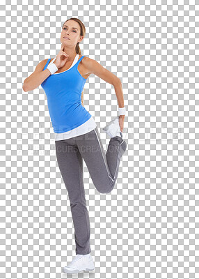 Buy stock photo Pulse, fitness and heart beat with woman and stretching on transparent background for workout, exercise and running. Training, warm up and check with female runner isolated on png for body and health