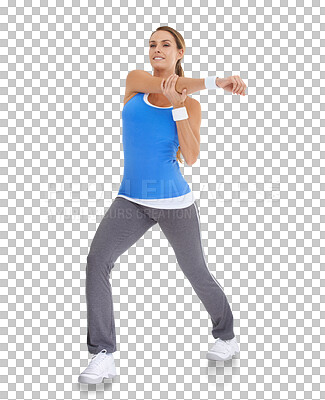 Buy stock photo Portrait, exercise and stretching with a sports woman isolated on a transparent background for health. Fitness, preparation and warm up with a female athlete getting ready for training on PNG