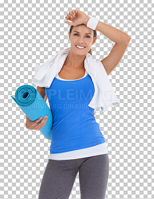 Buy stock photo Fitness, sweat and portrait of woman with towel on isolated, PNG and transparent background. Sports, wellness and happy female model with yoga mat sweating for exercise, training and cardio workout