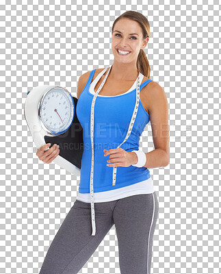 Buy stock photo Woman, scale and tape measure, lose weight and health, progress and change isolated on transparent png background. Healthy lifestyle, weightloss goals and diet, female person with smile in portrait