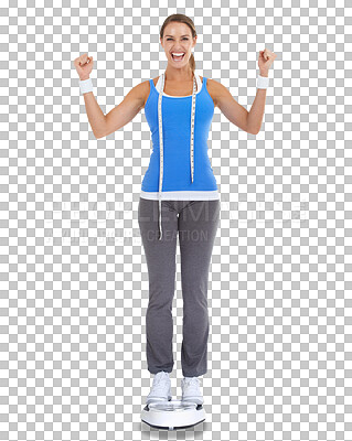 Buy stock photo Woman, celebration and scale, lose weight goals and happy with results isolated on transparent png background. Healthy, wellness and weightloss target, person celebrate with fist or diet success