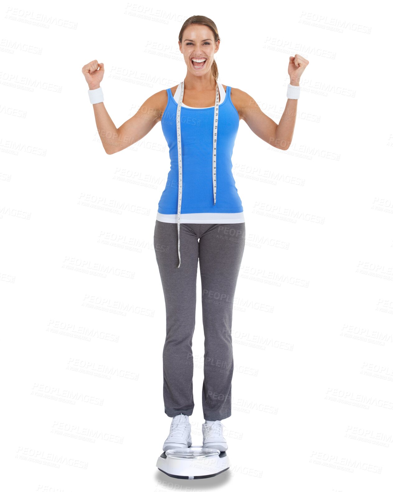 Buy stock photo Woman, celebration and scale, lose weight goals and happy with results isolated on transparent png background. Healthy, wellness and weightloss target, person celebrate with fist or diet success