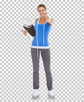 Buy stock photo Woman, thumbs up and portrait with scale and tape in png or isolated and transparent background. Weightloss, measure and happy female person with goal for happiness, diet or workout for slim body.