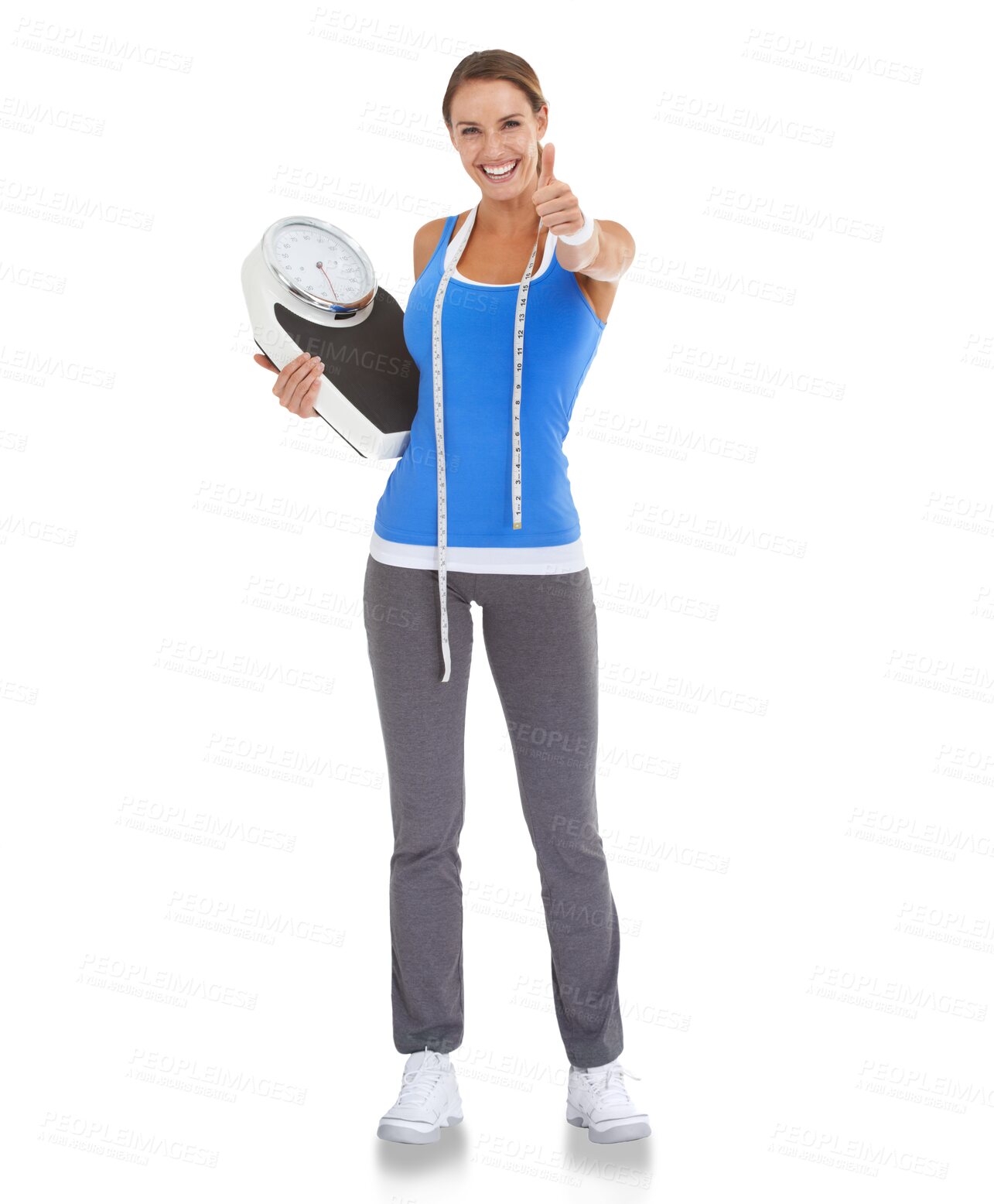 Buy stock photo Woman, thumbs up and portrait with scale and tape in png or isolated and transparent background. Weightloss, measure and happy female person with goal for happiness, diet or workout for slim body.