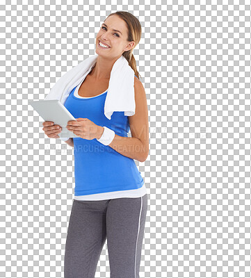 Buy stock photo Tablet, fitness portrait and happy woman for health progress, gym blog and exercise tips or research online. Exercise, workout or sports person on digital tech isolated on transparent png background