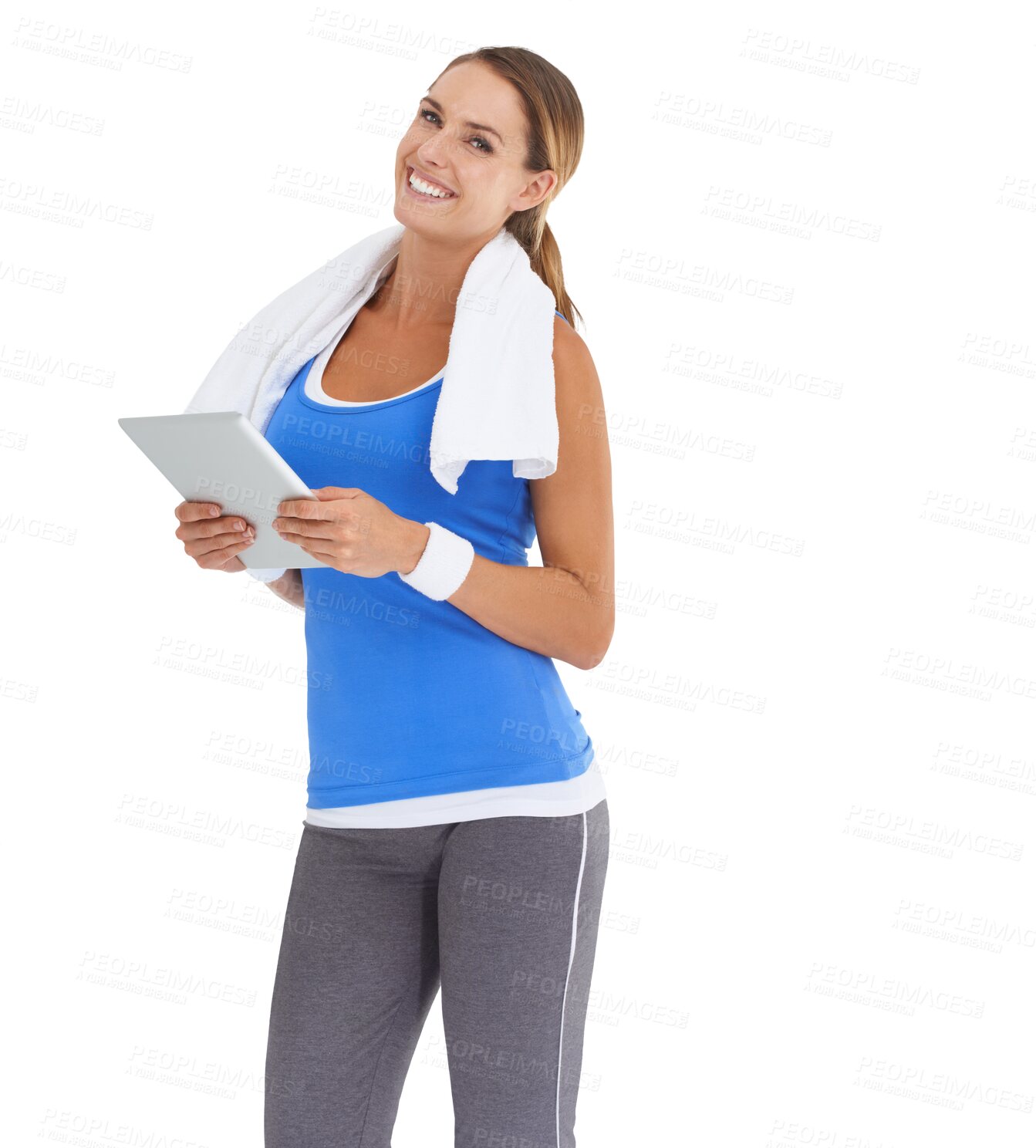 Buy stock photo Tablet, fitness portrait and happy woman for health progress, gym blog and exercise tips or research online. Exercise, workout or sports person on digital tech isolated on transparent png background