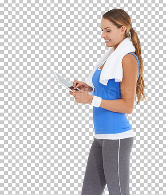 Buy stock photo Tablet, fitness and training of happy woman for workout progress, website information or online gym membership. Exercise, health or sports person on digital app isolated on transparent png background