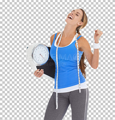 Buy stock photo Isolated woman, scale and measuring tape with celebration to lose weight by transparent png background. Excited girl, model or personal trainer with success, exercise and body goals with fist in air