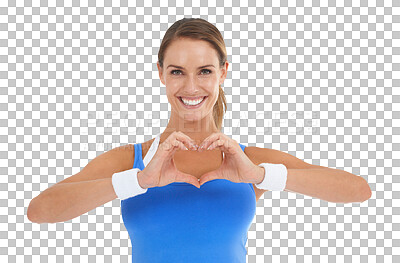 Buy stock photo Happy woman, portrait smile and heart hands for healthy fitness isolated on a transparent PNG background. Female person smiling with loving emoji hand sign, symbol or shape for health or wellness