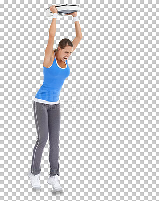 Buy stock photo Anger, scale and woman with fitness, stress and model isolated against a transparent background. Female person, girl and athlete with workout goal, angry and upset with burnout, png and frustrated