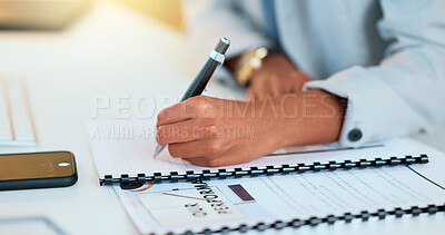 Buy stock photo Closeup man hands filling in company paperwork. Professional individual finalizing business documents, step by step approach. Completing contract forms for new employees at the office.