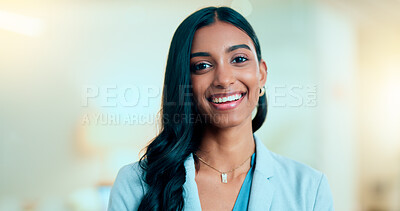 Buy stock photo Satisfied, confident entrepreneur doing an online training for a remote, distance job. Closeup face portrait of a successful business woman standing and smiling against a bokeh, copyspace background.